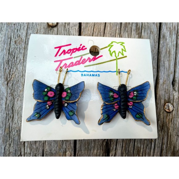 Vintage Hand Painted 1980s Butterfly Earrings NOS - Picture 1 of 5